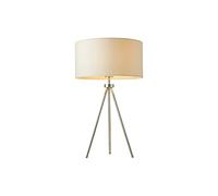 National Lighting Quatro Modern Silver Chrome Tripod Switched Table Desk Lamp with an Ivory Fabric Cylinder Light Shade