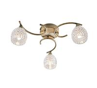 National Lighting Reagan Decorative Antique Brass Curved Arm Semi Flush Ceiling Light with 3 Patterned Cut Glass Shades
