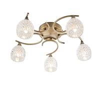 National Lighting Reagan Decorative Antique Brass Curved Arm Semi Flush Ceiling Light with 5 Patterned Cut Glass Shades