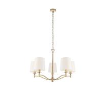 National Lighting Rowan Decorative 5 Way Branch Arm Matt Antique Brass E14 LED Compatible Pendant Ceiling Light with White Fabric Shades 740mm