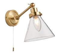 National Lighting Teepee Wall Light - Brass Satin, IP44 Bathroom Wall Light with Pull Cord with Glass Cone Shade - Adjustable Arm, Interior Wall Lights Fixture, G9 LED Compatible - 150-330mm Height
