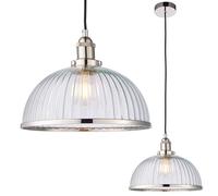 National Lighting Zuri Pendant Light Knurled Lamp Holder with Glass Shade - Adjustable Height, Nickel Finish Retro Industrial Ceiling Light - E27 Socket Dimmable Indoor Ceiling Light Fitting
