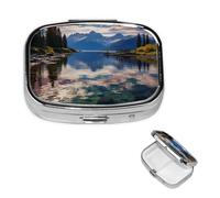National Park Lake Pill Box 2 Compartment Square Portable Pill Case for Pocket or Purse Small Weekly Medicine Planner Travel Pillbox with Mirror Decorative Metal Vitamin Holder Gifts