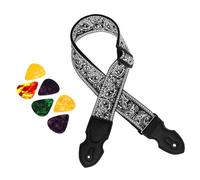 National Styles Guitar Strap with 6 Picks Adjustable Soft Embroidery Shoulder Leather Ends Straps Enduring Adjustable