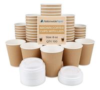 Nationwide Paper 100 Pcs 8oz Coffee Cups with Lids 3 Layer Disposable Ripple Hot Cups - Brown