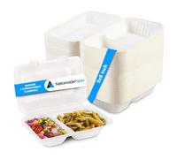 Nationwide Paper 50 Pcs Biodegradable Bagasse Clamshell Take out Containers, 2 Compartment Sugarcane Hinged Lunch boxes, 9x6 Inch