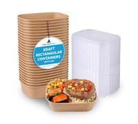 Nationwide Paper 500ml Rectangular Kraft Disposable Food Containers with Lids, 100-Pack Heavy-Duty Takeaway Boxes for Restaurants, Parties, and Meal Prep - Brown