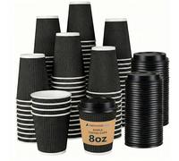 Nationwide Paper 8oz Triple Wall Ripple Paper Cups with Lids Black Insulated Disposable Takeaway Coffee Cups for Hot Drinks, Tea, Cappuccino & Espresso, Recyclable Catering Tableware (Pack of 100)