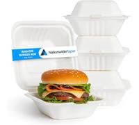 Nationwide Paper Pack of 100 Burger Boxes Takeaway Bagasse Sugarcane White Boxes Microwave and Freezer Safe, 6Inch(15cm)