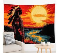 Native America Sunset Tapestry, Vibrant Red Orange Landscape Wall Hanging, Cultural Aesthetic Decor for Bedroom, Living Room, Outdoor Events, Relaxation 90x70 Inch