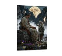 Native American Canvas Wall Art Decor, Wolf And Chief Moonlit Night Painting Prints, Vintage Southwest Poster Picture, Feather Artwork for Living Room Bedroom Decorations (16x24inch(40x60cm)