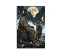 Native American Canvas Wall Art Decor, Wolf And Chief Moonlit Night Painting Prints, Vintage Southwest Poster Picture, Feather Artwork for Living Room Bedroom Decorations (12x18inch(30x45cm)