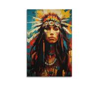 Native American Canvas Wall Art Poster Indian Woman Headdress Feathered Picture Retro Colorful Indian Chief Tribal Painting Prints for Home Decor12x18inch(30x45cm)