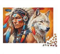 Native American Chief 1000 Piece Jigsaw Puzzle for Adults Warrior And Wolf Share Quiet Sacred Bond Challenging Hard Premium Sturdy Vibrant Stress Relief Family Game 70x50cm/1000pcs