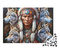 Native American Chief 1000 Piece Relaxation Puzzle for Adults Chief Surrounded by Four Powerful Wolf Premium Sturdy Challenging Stress Relief 70x50cm/1000pcs