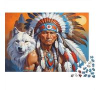 Native American Chief 1000pcs Jigsaw Puzzles for Adults 12+, Thick Cardboard, Indian with Wolf, Mental Workout Fun, Stress Relief Meditation, for Men Women & Lovers 38x26cm/1000pcs