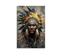 Native American Chief Feathered Oil Painting Colorful Indian Canvas Wall Art Poster Retro Wall Decor for Bedroom Bathroom Home Decorations 12x18inch(30x45cm)