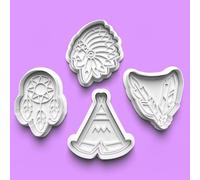 Native American Cookie Cutter and Fondant Stamp Set of 4 - Party Celebration, Birthday Cake, Baker Cookies, Baking Fun, Sugar Biscuit Topper 8-9cm