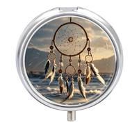 Native American Dream Catcher Metal Pill Organizer, 3 Compartment Waterproof Pill Case with Mirror for Purse Pocket Bag, Daily Medicine Vitamin Holder, Portable Travel Med Container(Round)