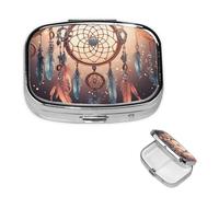 Native American Dream Catcher Pill Case with Mirror Retro 2 Compartment Pill Box Small Pill Organizer for Purse or Pocket Decorative Metal Medicine Vitamin Organizer Unique Gifts