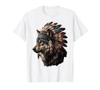 Native American Flag Wolf USA Feather Headdress Indian Tribe Value Graphic T-Shirt, Men, White, M