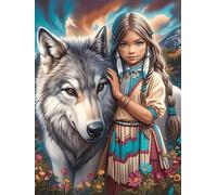 Native American Girl with A Wolf in A Magical Forest 1000 Pieces Premium Jigsaw Puzzle Wildlife Pet Cute Adult Jigsaws Educational Challenge Mental Exercise Wall Art Winter C