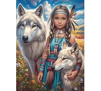 Native American Girl with Wolves 500 Piece Premium Jigsaw Puzzle Wildlife Plant For Men Educational Decompression Adults Anxiety Memory Care Mothers Valentines Wooden 500 PCS