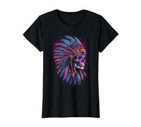Native American Indian Eagle Chief Skull Headdress T-Shirt, Women, Black, Large