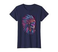 Native American Indian Eagle Chief Skull Headdress T-Shirt, Women, Navy Blue, XX-Large