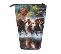 Native American Indians Horses,Standing Pencil Holder Stationery Bag Pencil Pouch Organizer Telescopic Pencil Case