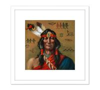 Native American Indigenous Man Portrait Painting 8X8 Inch Square Wooden Framed Wall Art Print Picture with Mount Artery8 White One Size