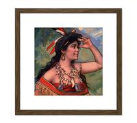 Native American Indigenous Woman Portrait Painting 8X8 Inch Square Wooden Framed Wall Art Print Picture with Mount Artery8 Brown One Size