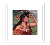 Native American Indigenous Woman Portrait Painting 8X8 Inch Square Wooden Framed Wall Art Print Picture with Mount Artery8 White One Size