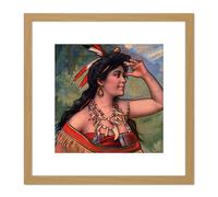 Native American Indigenous Woman Portrait Painting 8X8 Inch Square Wooden Framed Wall Art Print Picture with Mount Artery8 Light Oak One Size