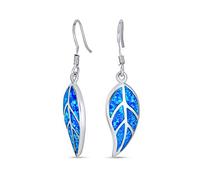 Native American Inspired Blue Created Opal Inlay Lever back Nature Leaf Dangle Drop Earrings Western Jewelry For Women .925 Sterling Silver