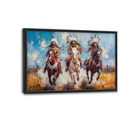 Native American Large Wall Art for Living Room Western Indian Feather Framed Canvas Decor Abstract Horse Vintage Landscape Prints Painting Pictures Modern Artwork for Bedroom Office 24"x36"