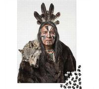 Native American Man with Wolf Headdress Adult Jigsaw Puzzle, 1000 Pieces, 38x26cm/1000pcs, A Thoughtful Gift for A New Home; White Card with A Low-dust Finish