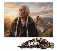 Native American Man with Wolf Wooden Jigsaw, Themed Puzzle, 1000 Pieces | Puzzle for Adults: family tabletop activity alone or together.