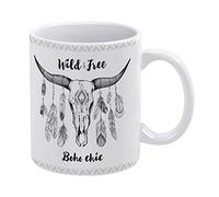 Native American Mexican Bull Skull Feathers Ethnic Black White Funny White Ceramic Mug, Novelty Tea Coffee Cup 11 Oz, Gifts for Mom/Daughter/Son/Father on Birthday/Christmas/Anniversary