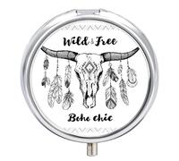 Native American Mexican Bull Skull Feathers Ethnic Black White Iron Pill Box Case Organizer with Internal Separate Plastic Dividers, Travel Small Medicine Bag Holder Carrier Round Container