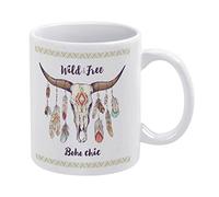 Native American Mexican Bull Skull Feathers Ethnic White Ceramic Cup Mug for Tea Coffee Milk Juice 11 Oz for Home Party Offices Cafe Mom Father Daughter Son Gift