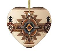 Native American Painting Ceramic Christmas Heart Pendant, The Pottery Piece is Available with Silk Thread