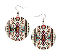 Native American Pattern Printed Round Earrings For Women, 1 Pair Lightweight Leather Pierced Earrings Set Trendy Jewelry Gifts For Women Girls