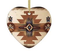 Native American Patterns Ceramic Christmas Heart Pendant, The Pottery Piece is Available with Silk Thread