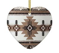 Native American Printed Ceramic Christmas Heart Pendant, Christmas Tree Decoration With Gold Thread Rope