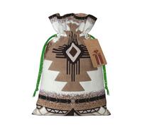 Native American Printed Christmas Drawstring Bags with Green Christmas Ribbon - Reusable Burlap Drawstring Gift Pouches, S