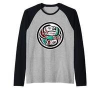 Native American Red Black Haida Art Otter Salmon Raglan Baseball Tee