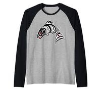 Native American Red Black Haida Art Salmon Raglan Baseball Tee