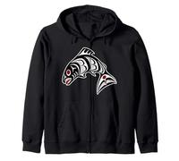 Native American Red Black Haida Art Salmon Zip Hoodie
