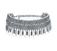 Native American Style Bohemian Boho Dangling Feather Wide Choker Necklace Western Jewelry For Women Teens Oxidized Silver Plated